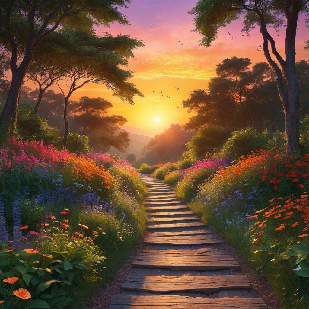 A serene landscape transitioning from a calm sunset on one side to a bright, euphoric sunrise on the other, symbolizing the journey from contentment to euphoria. Include vibrant colors, a path winding through lush greenery, and silhouettes of people joyfully walking towards the sunrise. Add ethereal elements like sparkling lights or butterflies scattered throughout the scene to enhance the sense of bliss. super-realistic. vibrant colors. 3D.