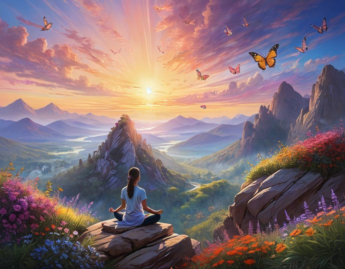 A serene landscape depicting a person meditating on a mountaintop during sunrise, surrounded by vibrant flowers and a clear sky. Include ethereal light beams illuminating the scene, symbolizing joy and enlightenment. Subtle imagery of butterflies fluttering around to enhance a sense of bliss. super-realistic. vibrant colors. ethereal lighting.