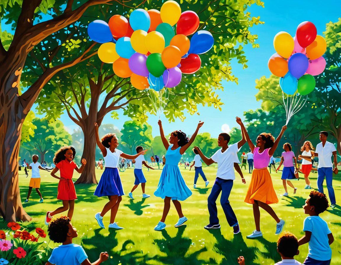 A whimsical scene showcasing a diverse group of people engaging in joyful activities like dancing, painting, and playing games in a sunlit park. Vibrant colors fill the scene, with balloons and flowers adding to the cheerful atmosphere. A radiant sun shines overhead, symbolizing positivity and warmth. Children and adults alike wear wide smiles, exuding a sense of playfulness and happiness. The background features lush green trees and a bright blue sky. super-realistic. vibrant colors. 3D.